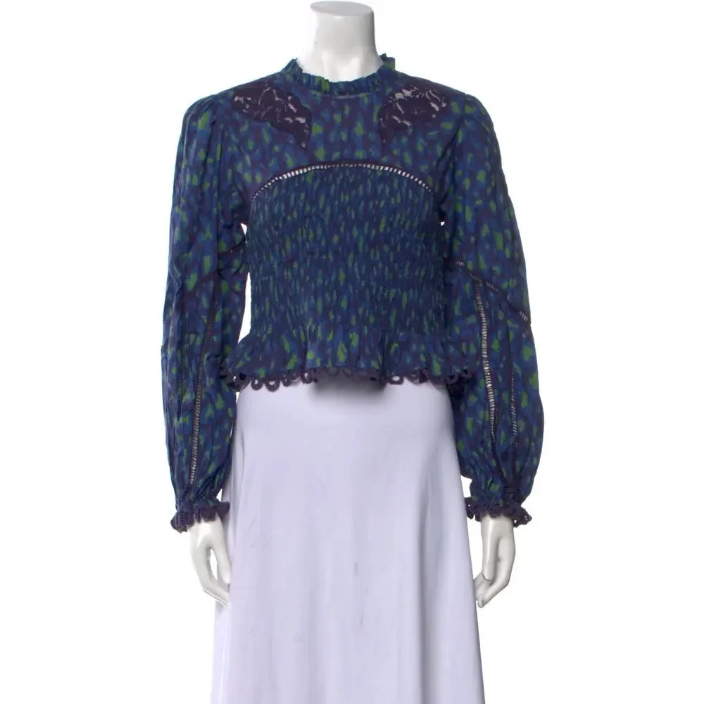 Farm Rio Blue Green Leopard Print Smocked Peplum Top Lace Guipure Cotton Large - Picture 3 of 14